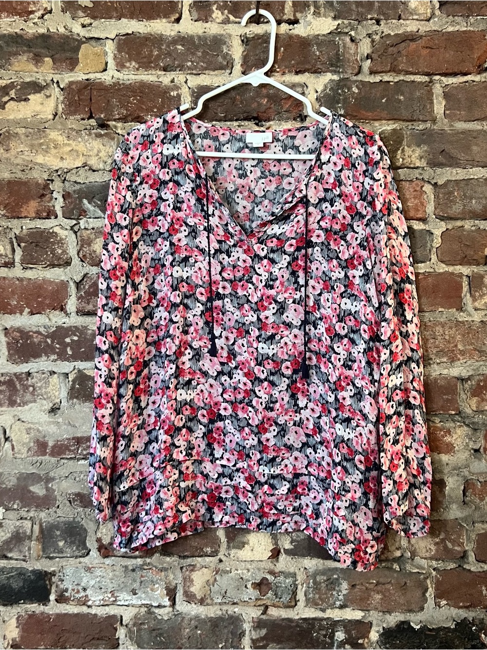 J. Jill Pink and Black Floral V-Neck Blouse